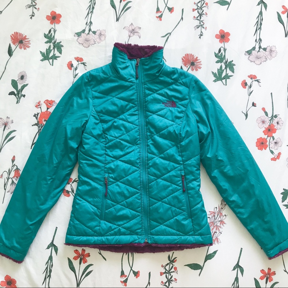THE NORTH FACE teal jacket with purple fur inside